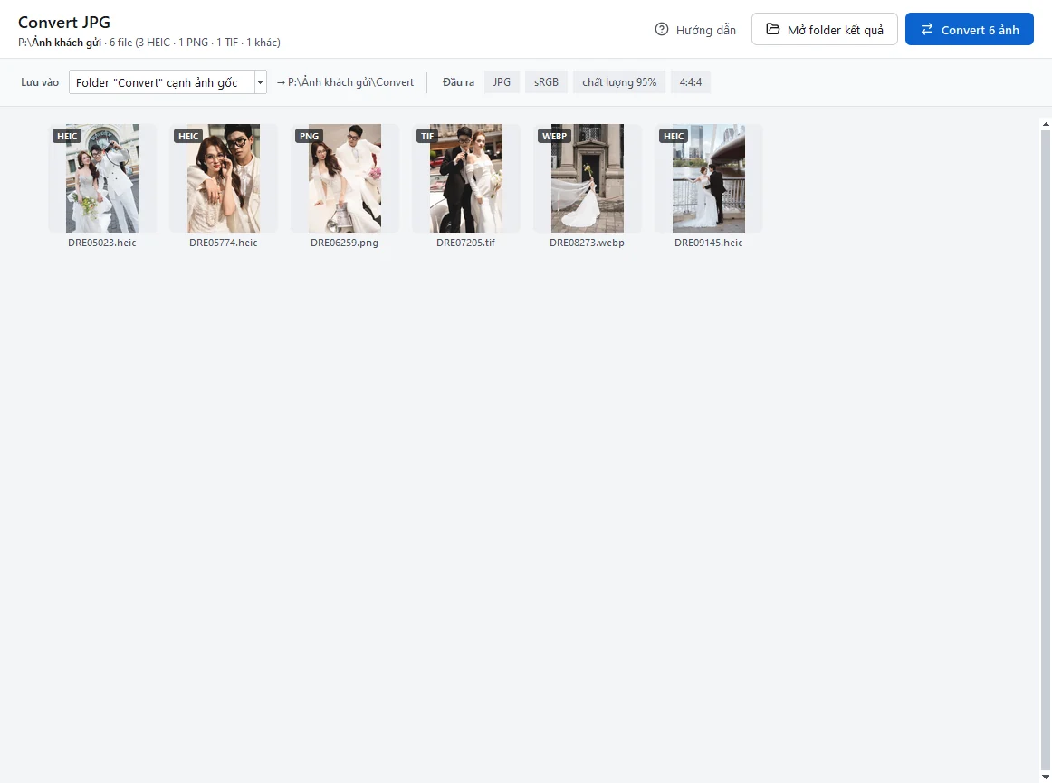 Tab Convert JPG: 6 file HEIC, PNG, TIF, WEBP chờ convert ra JPG sRGB